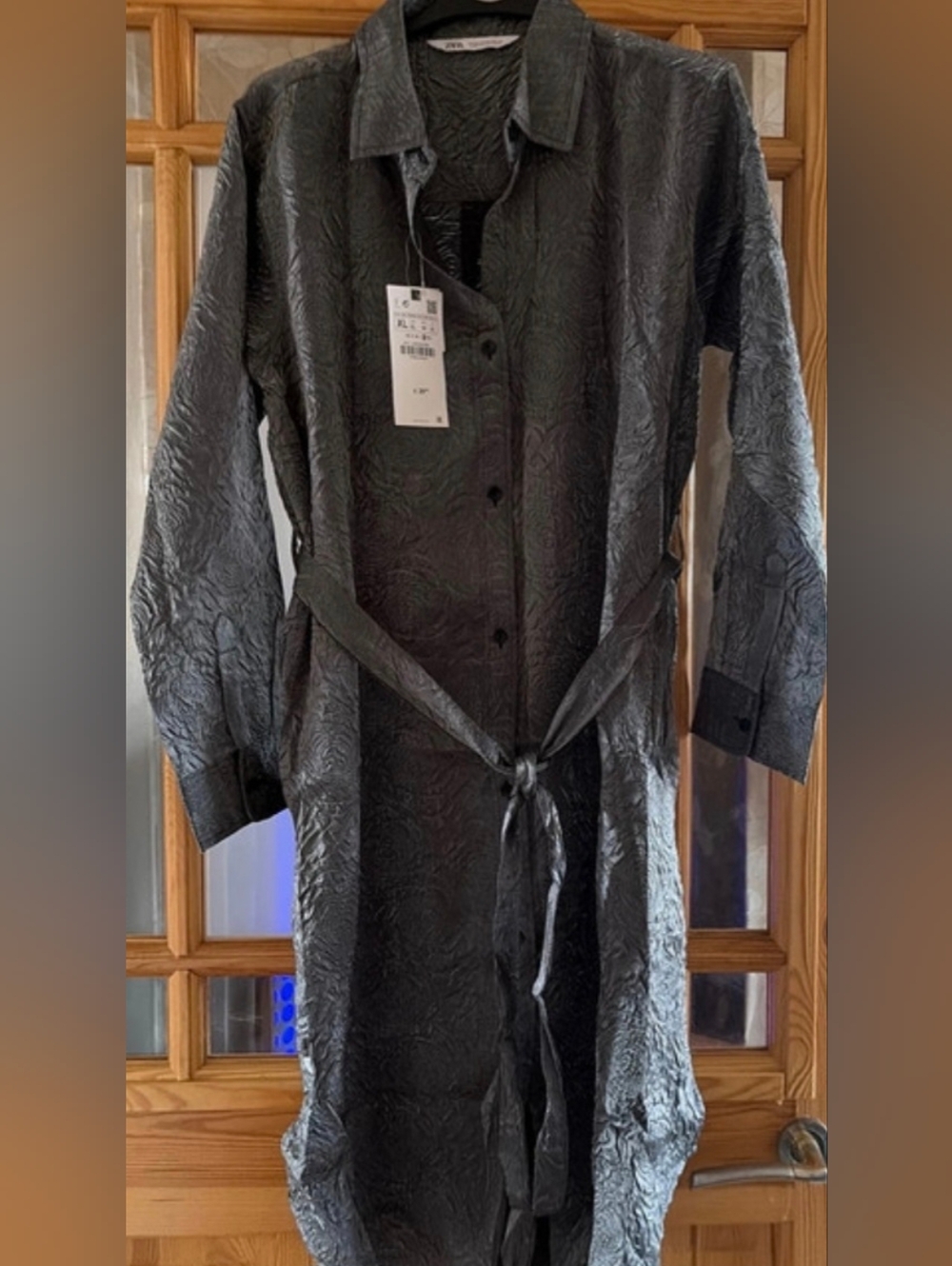 Zara Black Textured Button-Up Dress with Tie Waist